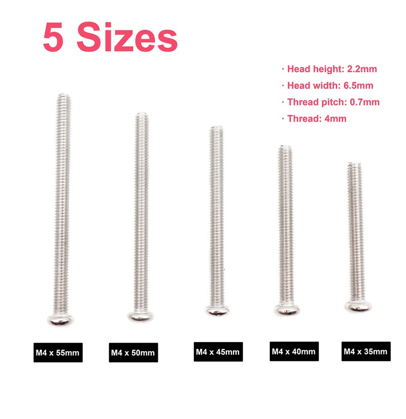 cSeao 100pcs Pan Phillips Head M4 Machine Screws 304 Stainless Steel Assortment Kit  M4x35mm/ 40mm/ 45mm/ 50mm/ 55mm - Image 3